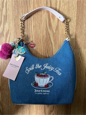 Juicy Couture Denim Shoulder Bag with Cherry Teacup Graphic - Blue & Pink